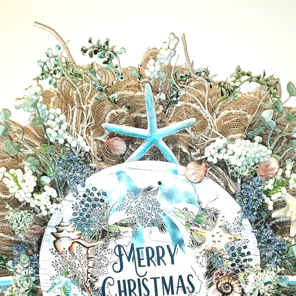 Coastal Christmas Wreath Starfish Deco Mesh Beach - Picture 5 of 6